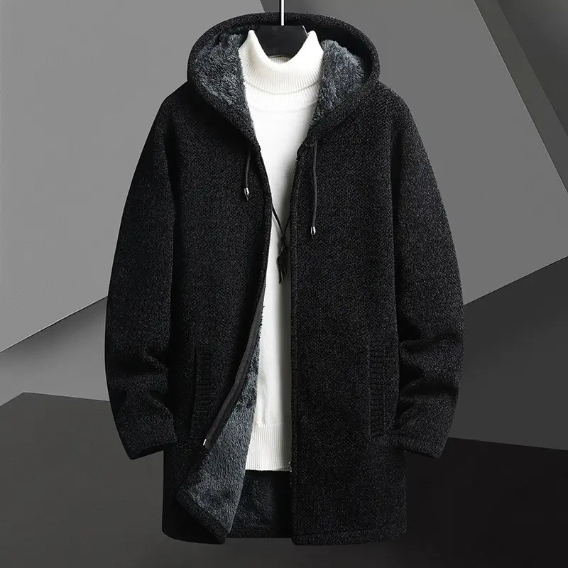 Fall Winter Men Fleece-lined Mid-length Zipper Hooded