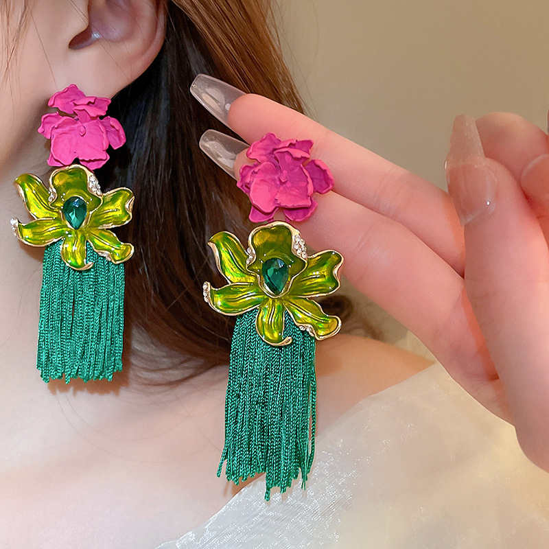 Vintage Oil Dripping Diamond Flower Braid Rope Tassel 925 Silver Pin Earrings