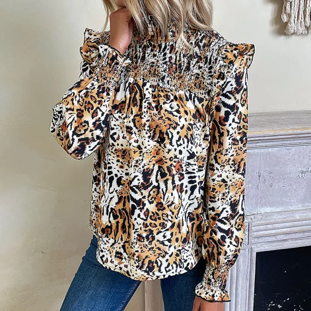 Fashion Women's Wear Leopard print Long sleeved Shirt Khaki - Shop at LoveMi