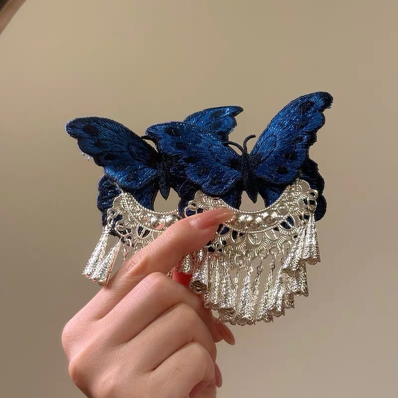 Vintage Blue Butterfly-embroidered Silver-bell Tassel Hair Clip