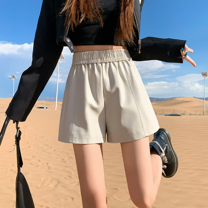 Petite Women's Leather Shorts Stretch High Waist A-line Summer Pants