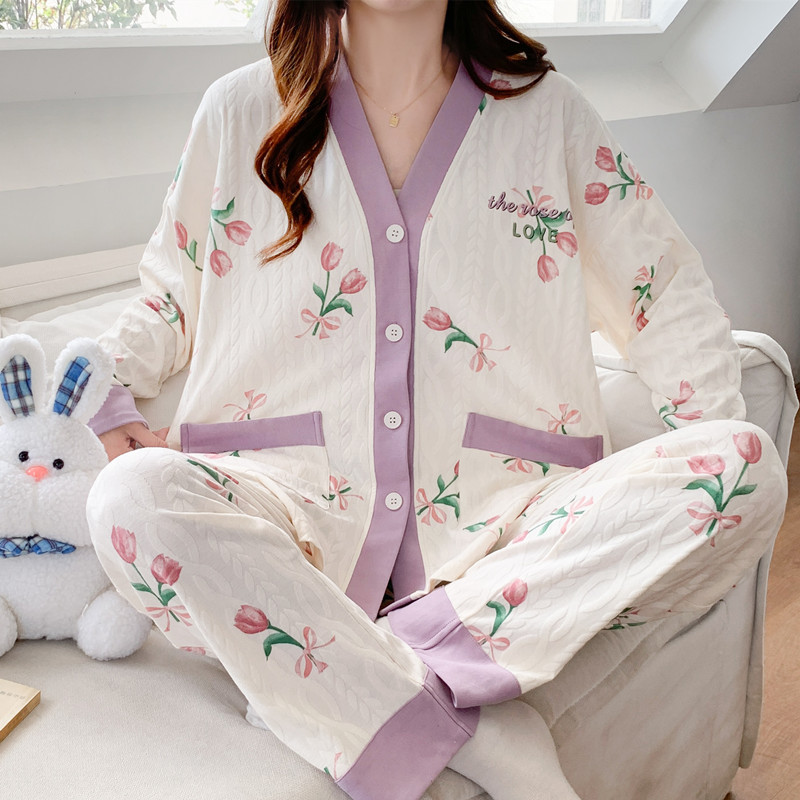 睡衣女春秋款长袖秋季薄款2024新款棉质夏季开衫小碎花家居服套装