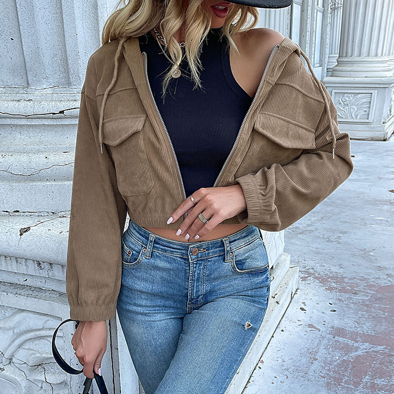 Autumn And Winter Women's Solid Color Hooded Corduroy Jacket Khaki - Shop at LoveMi