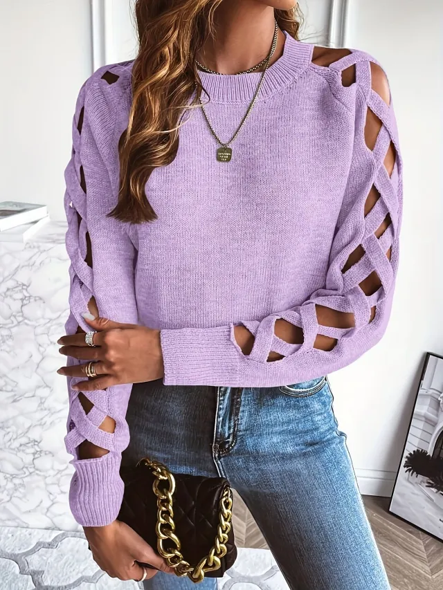 Women's Hollow Sweater Sweater Top Thin Spring Autumn Underwear Bottoming Shirt Purple - Shop at LoveMi