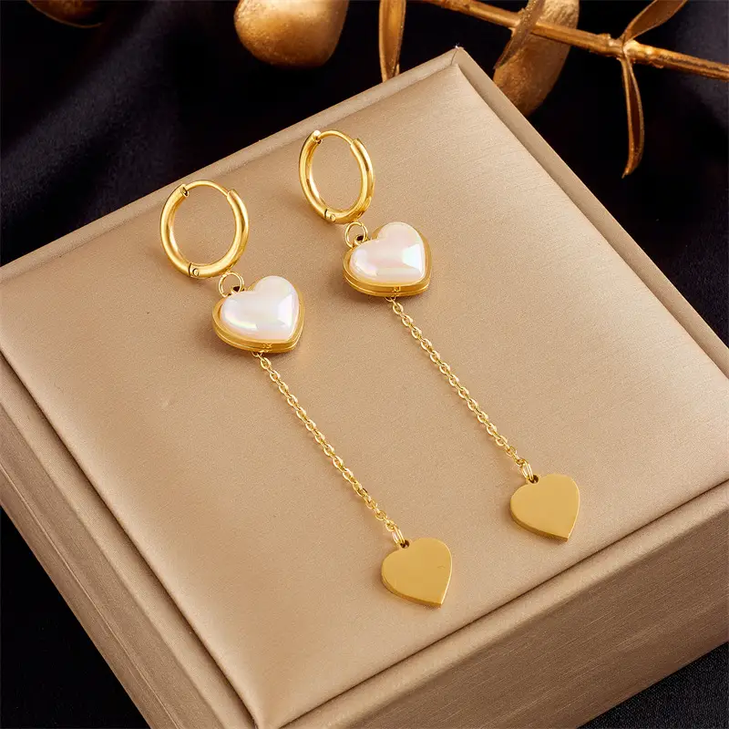 Fashion Simple Chain Pearl Heart Pendant Titanium Steel Earrings