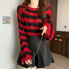 Striped French Tassel Design Sense Long Sleeve Short Top - Red Stripes - View 1