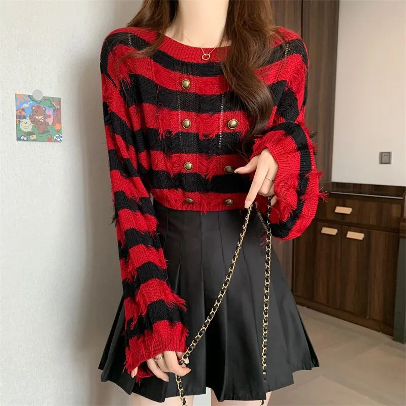 Striped French Tassel Design Sense Long Sleeve Short Top - Red Stripes