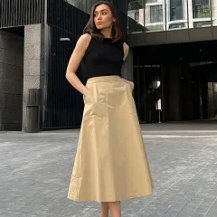 Elegant Pure Cotton High Waist Simple Solid Skirt Minority All-match Loose Long Dress - Khaki - View 1