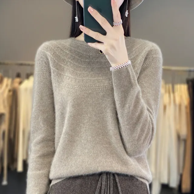 Seamless Front Line Ready made Garments Curling Collar Hollow Sweater Camel - Shop at LoveMi