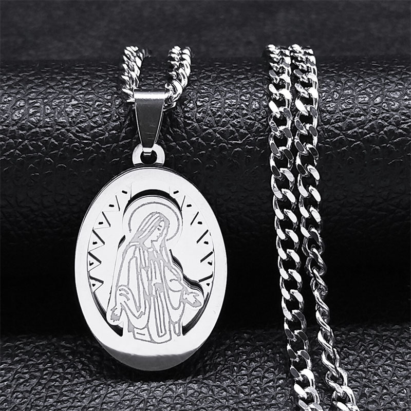 Gold-plated Oval Tag Virgin Mary Prayer Necklace