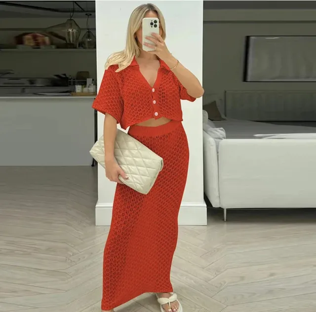 Knitted Crocheted Suit Skirt Multi color Cardigan Buckle Skirt Red - Shop at LoveMi