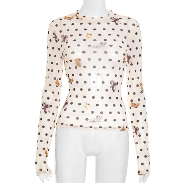 Versatile Animal And PolkaDot Printed Cropped LongSleeve Top With A Defined Waist White - Shop at LoveMi