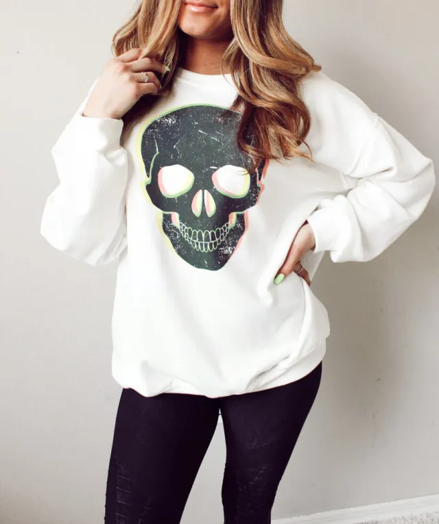 Round Neck Eyelashes Lip Printings Long Sleeve Loose Sweatshirt Skull Xl - Shop at LoveMi