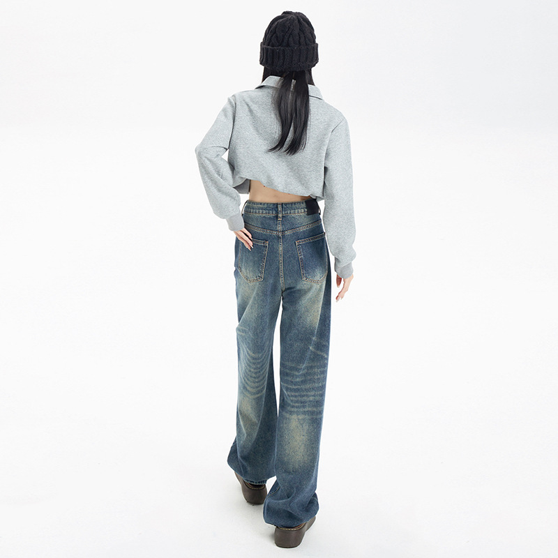 American Style Nostalgic Blue Wide Leg Jeans For Women