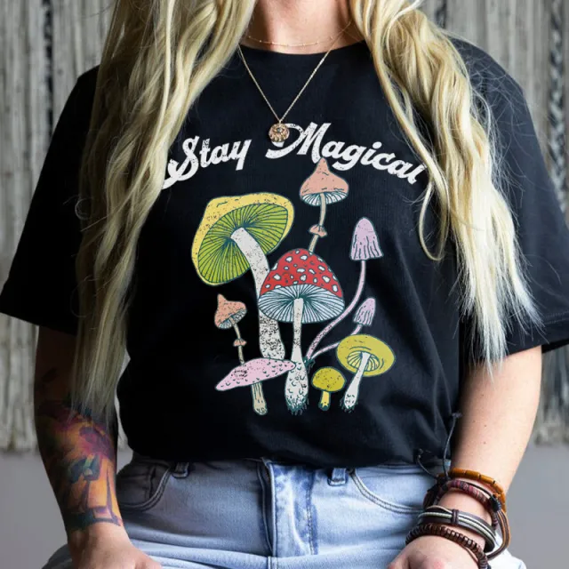 Printed Round Neck Loose Short Sleeves 15Cotton - Shop at LoveMi