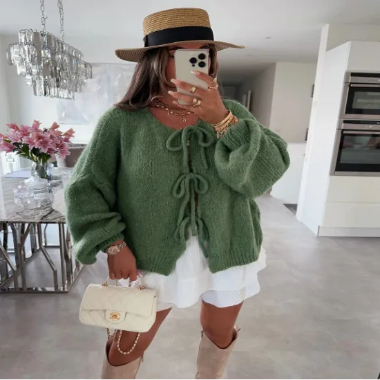 Fashion Round Neck Long Sleeve Top Lace up Sweater Army Green - Shop at LoveMi