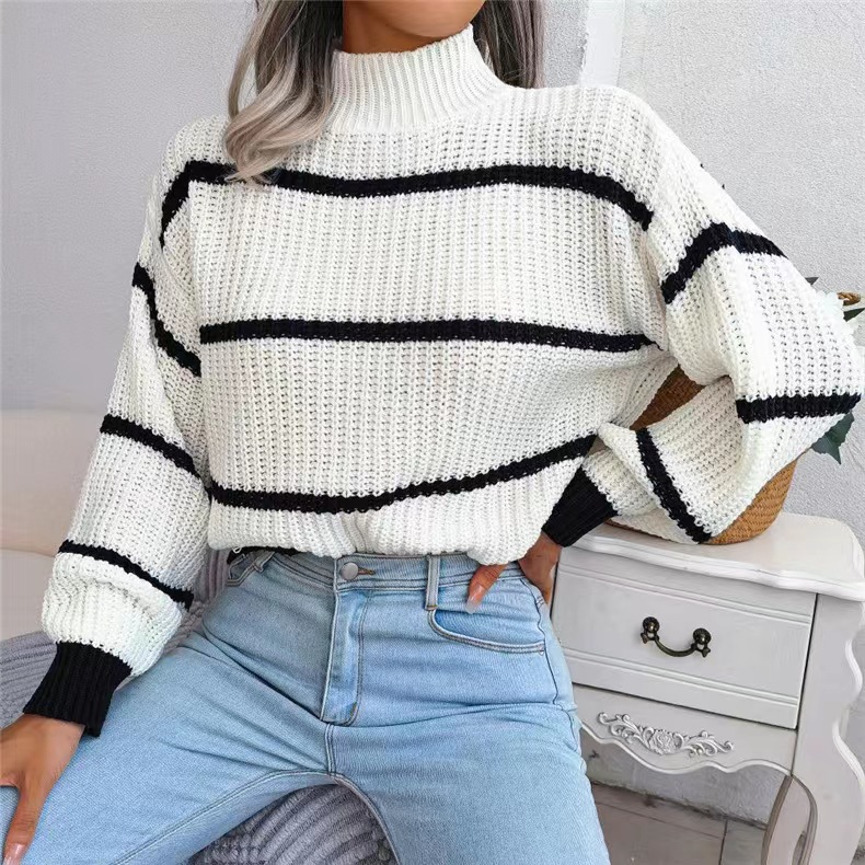 Title 4, Contrast Color Striped Sweater New Half Turtlen...