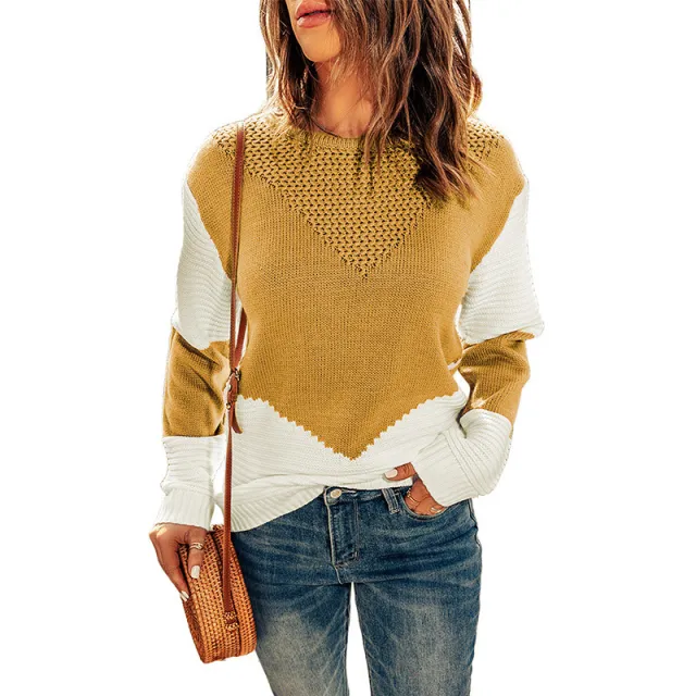 European And American Knitted Top Women's Autumn And Winter Clothing New Round Neck Contrast Color Bottoming Shirt Ginger - Shop at LoveMi