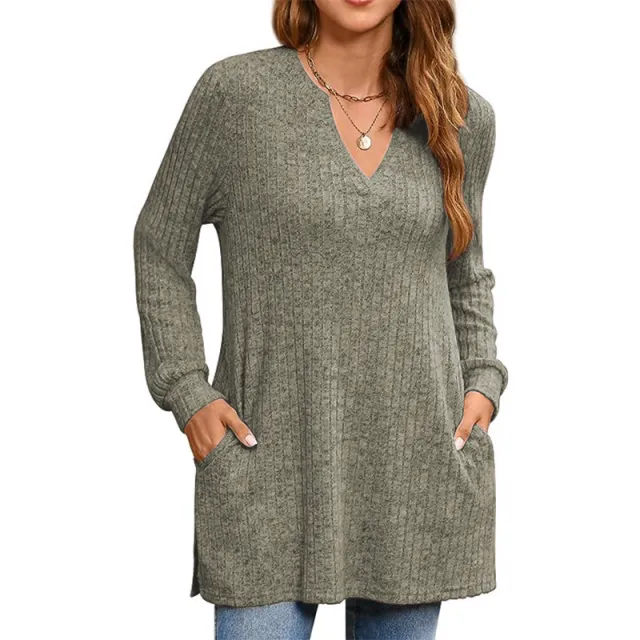 Long Sleeve Solid Color Side Slit Loose Top With Pocket Green - Shop at LoveMi