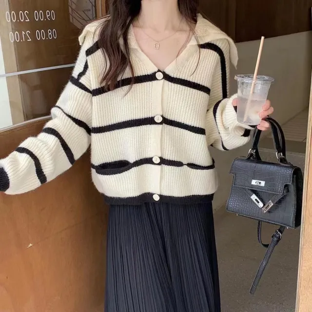 Loose Striped Cardigan Women's Retro Lazy Sweater Coat Black - Shop at LoveMi
