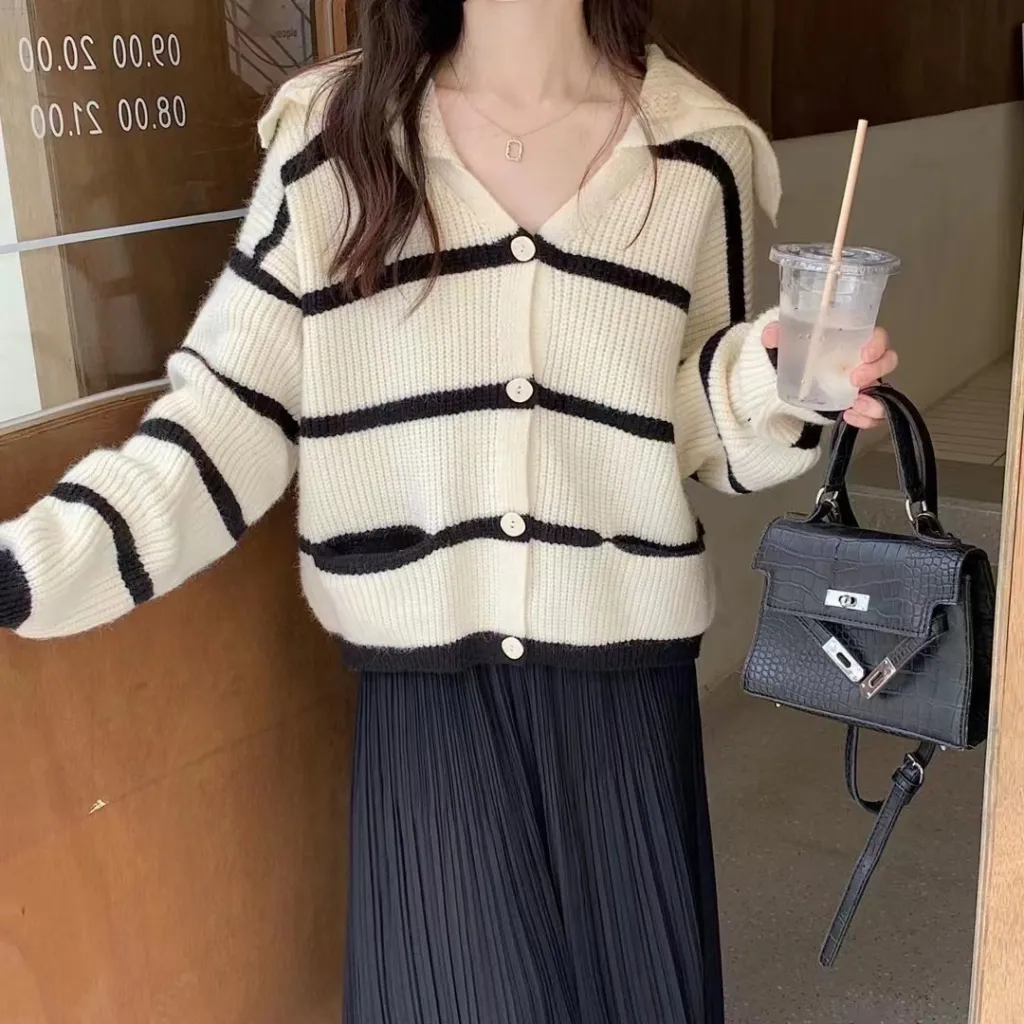 Loose Striped Cardigan Women's Retro Lazy Sweater Coat - Black