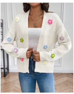 Flower Sweet Knitted Cardigan Sweater Coat For Women - White - View 1