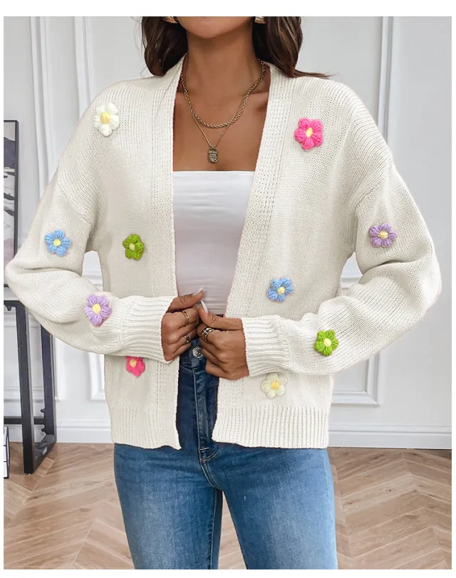 Flower Sweet Knitted Cardigan Sweater Coat For Women White - Shop at LoveMi