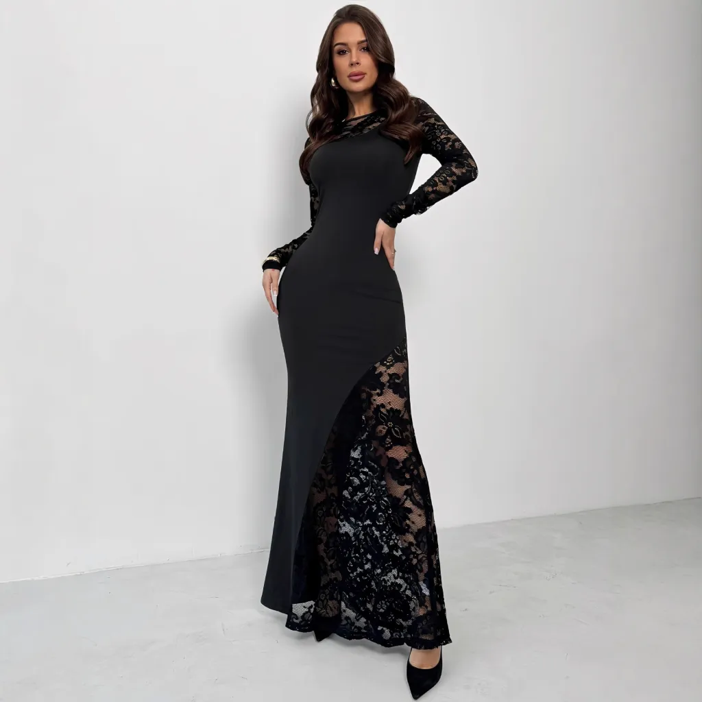 Womens Solid-Color Lace-Panel Long-Sleeve Dress - Black