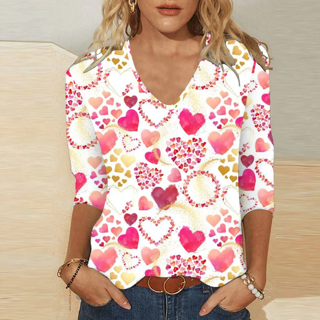 3d Digital Printing Valentine's Day Heart Printing Women's Cute Casual Loose V-neck 34 Sleeves T-shirt - Vqfxch0850-M