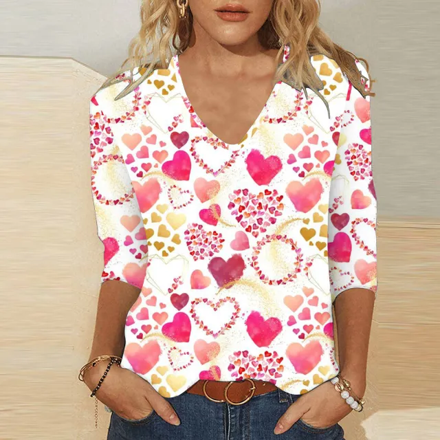 3d Digital Printing Valentine's Day Heart Printing Women's Cute Casual Loose V neck 34 Sleeves T shirt Vqfxch0850 M - Shop at LoveMi