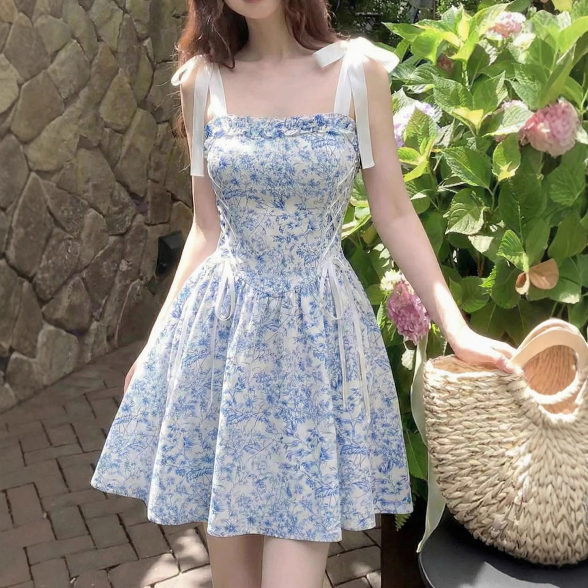 New Summer Floral-print Strap Dress For Seaside Vacations