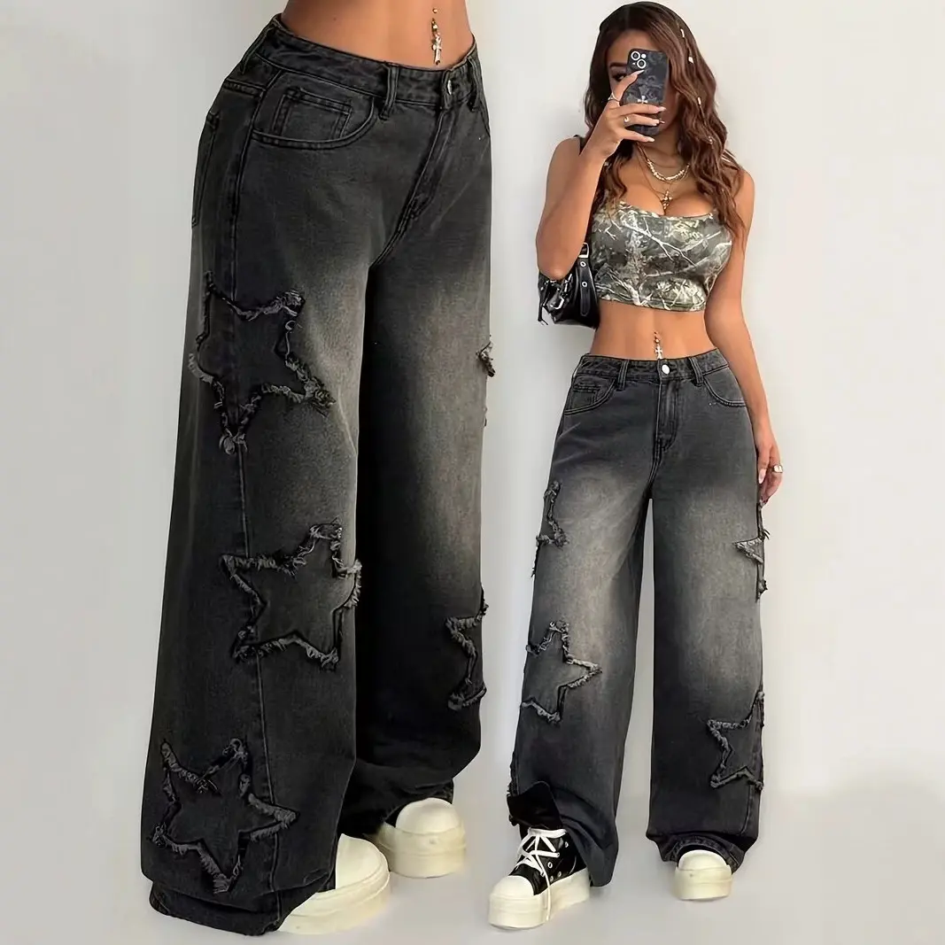 Womens Star-patchwork Wide-leg Denim Jeans