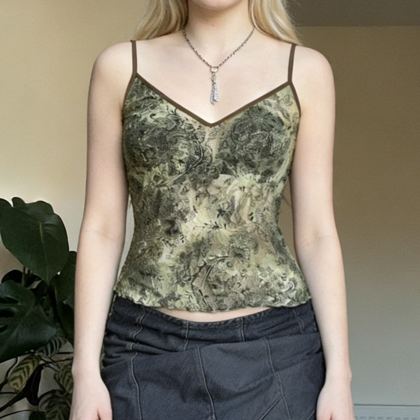 New Retro Lace Printed V Neck Camisole For Women