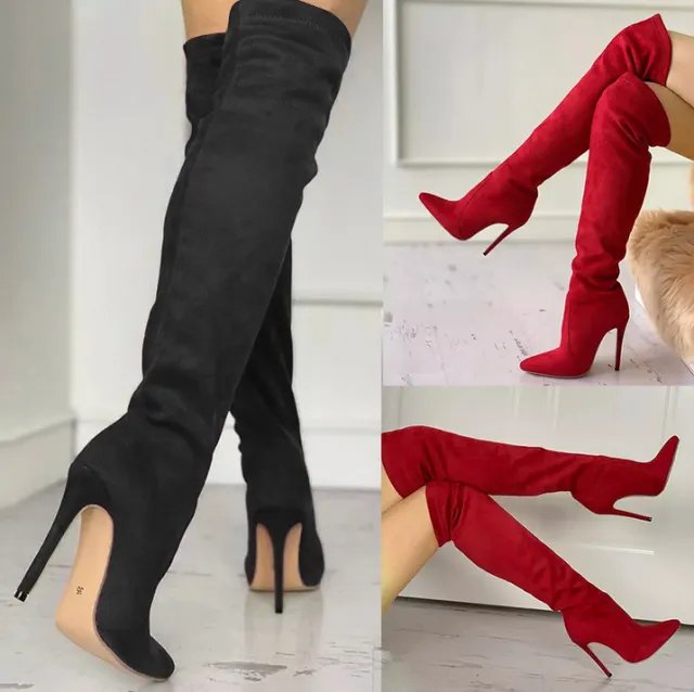 Long Boots Sheepskin Velvet Stretch Boots Horseshoe Heel Pointed Toe High Heel Boots Black - Shop at LoveMi
