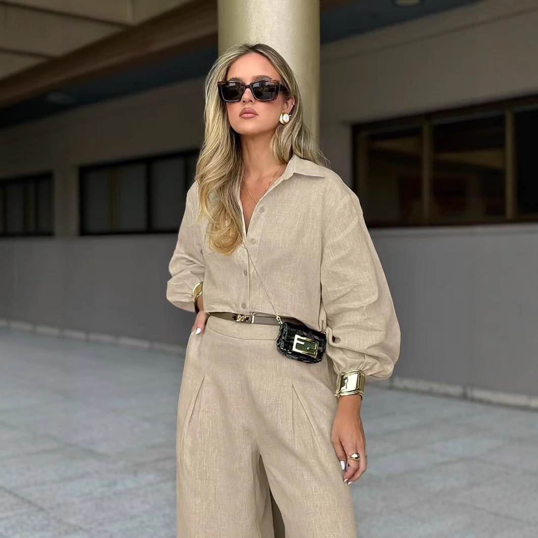 Womens Casual Khaki Cotton-Linen Two-Piece Set Loose-Fit Shirt And Wide-Leg Pants