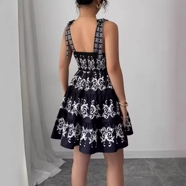 New Stylish Retro Minimalist Burnt-Flower Lace-Up Strap Black Short Dress New Stylish Retro Minimalist Burnt-Flower Lace-Up Strap Black Short Dress - Image 2