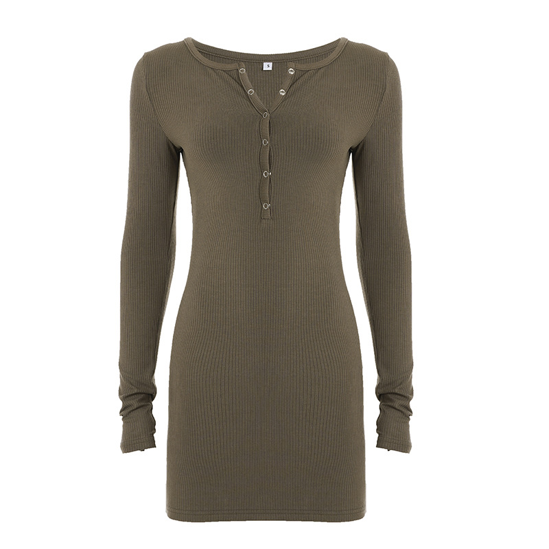 Snap Button Half open Collar Long Sleeve Tight Elastic Hip Dress Green - Shop at LoveMi