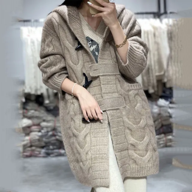 Twisted Hooded Jacket Horn Button Loose Casual Camel - Shop at LoveMi