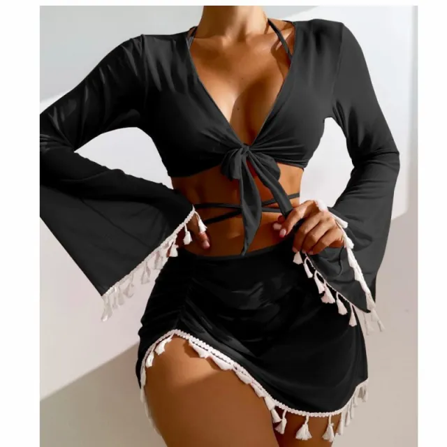New European And American Conservative Four piece Solid Color Tassel Blouse Mesh Skirt Bikini Swimsuit For Women Black - Shop at LoveMi