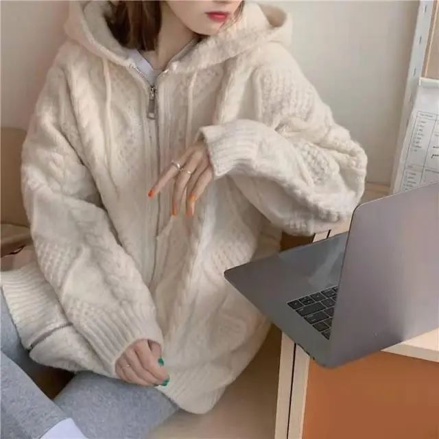 Twist Vintage Loose And Idle Outerwear Sweater Hooded Cardigan Coat Beige - Shop at LoveMi