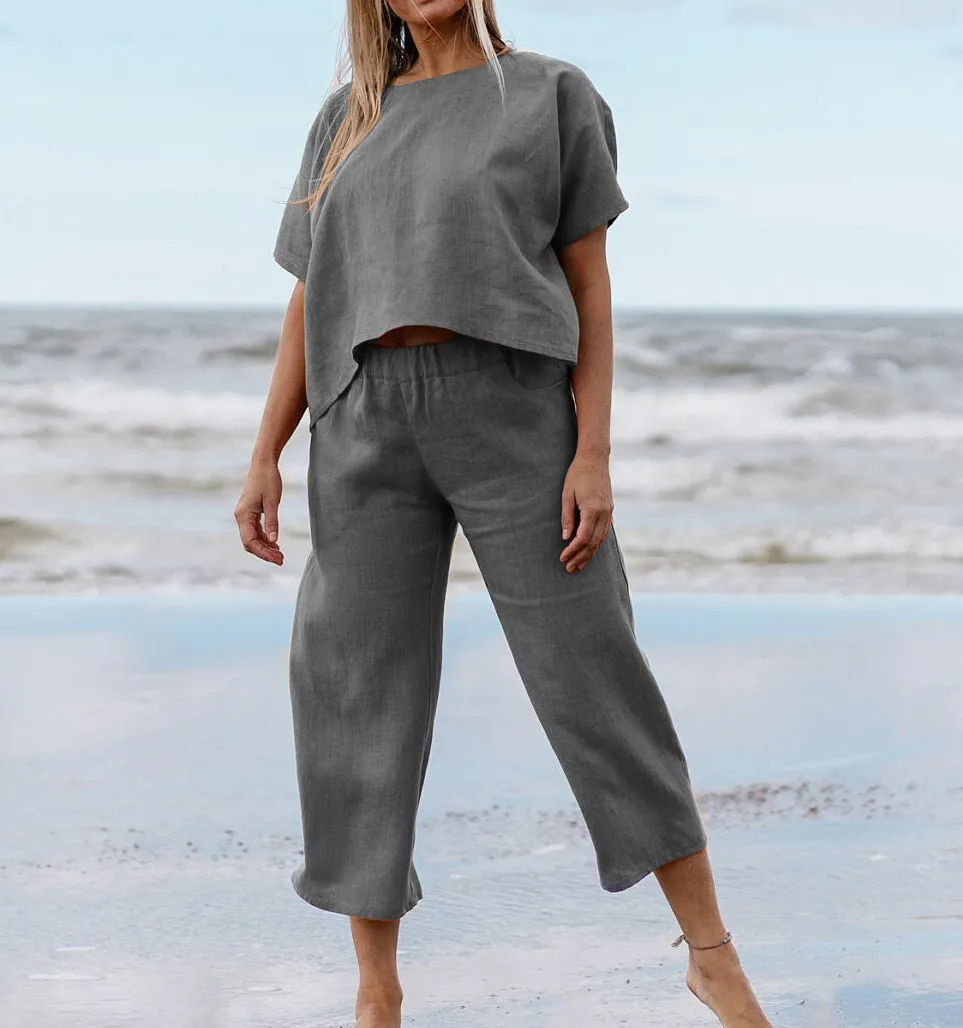 New Casual Large Size Suit Loose Solid Color Short Sleeve Shirt Trousers - Gray