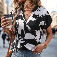 Women's Contrast Colour Black And White V-neck Shirt - Black - View 1