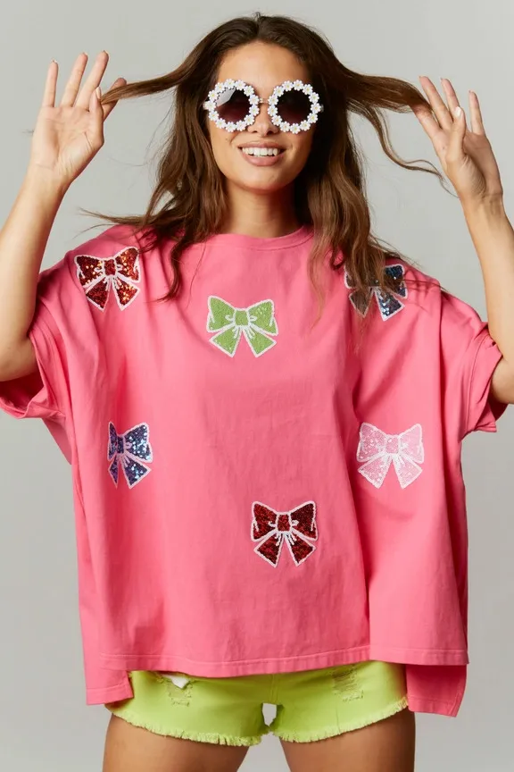 Bow Sequined Top Loose Women Pink - Shop at LoveMi