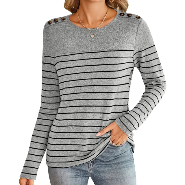 Striped Contrast Color Round Neck Long Sleeve Button Top Gray - Shop at LoveMi