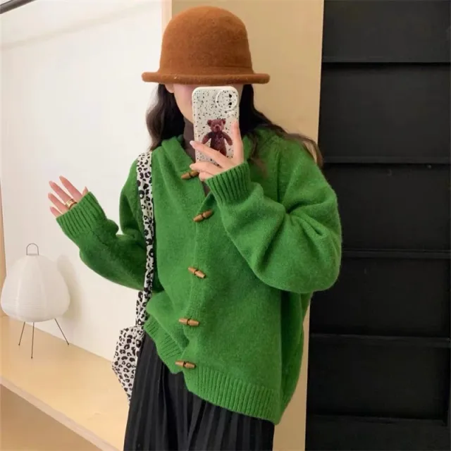 Hooded Sweater Coat Women's Unique Chic Design Is Extremely Beautiful Horn Button Green - Shop at LoveMi