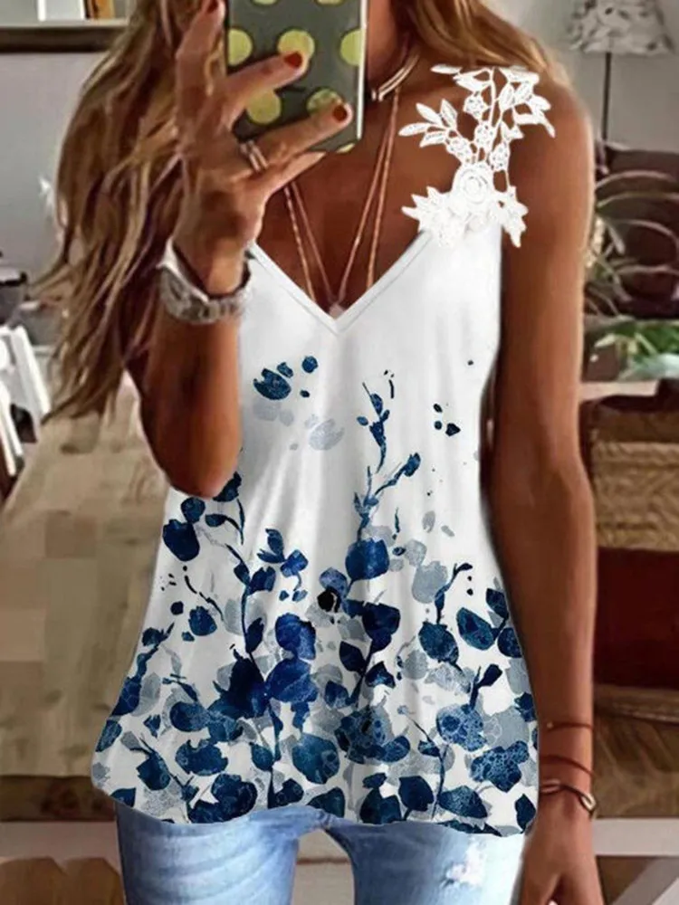 Women's Summer New Lace Sleeveless V-neck Printed Camisole - Blue