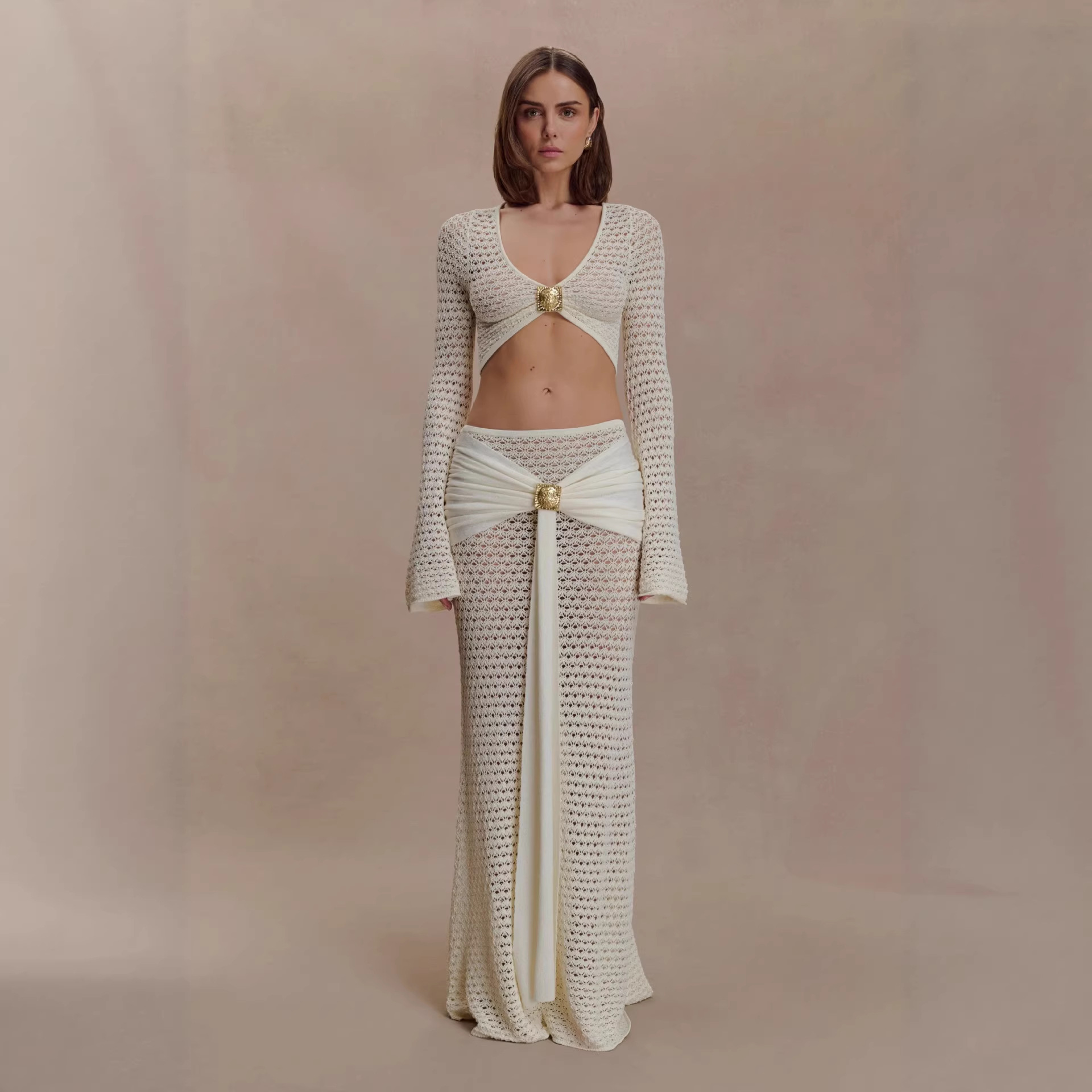 Womens Hollow-Out Solid-Color Resort-Style Set