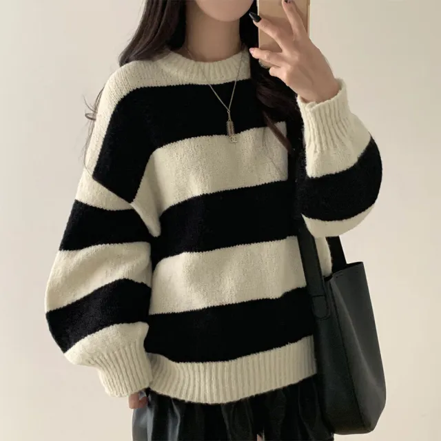 Loose Pullover Simple Knitwear Striped Thick Sweater Beige - Shop at LoveMi