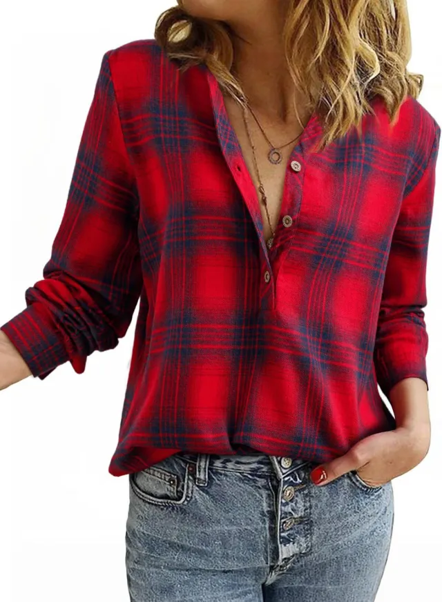Casual Plaid Shirt For Women Red - Shop at LoveMi