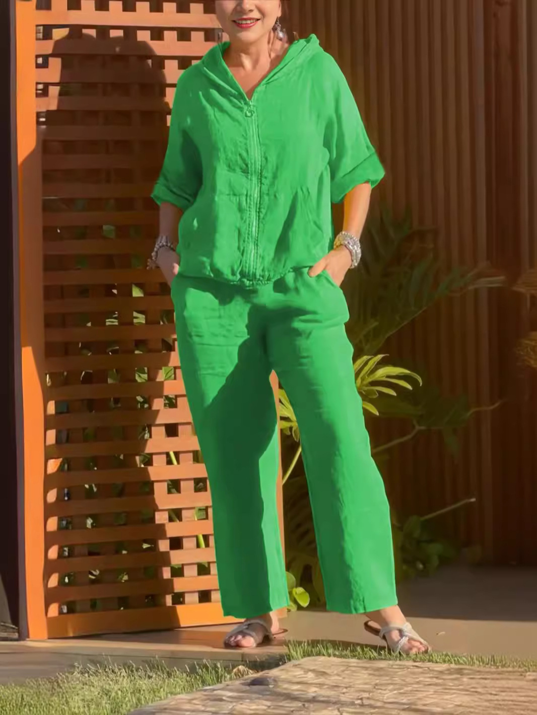 Cotton And Linen Fashion Casual Loose Two piece Suit Short Sleeve Zipper Top For Women Green - Shop at LoveMi